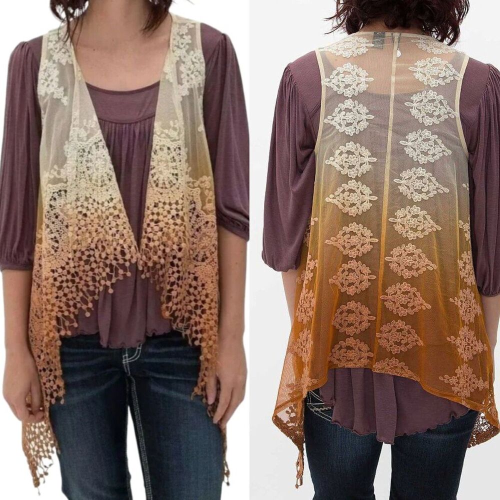 Buckle BKE Ombre Dip Dye Crochet Lace Boho Cardigan Vest Size M